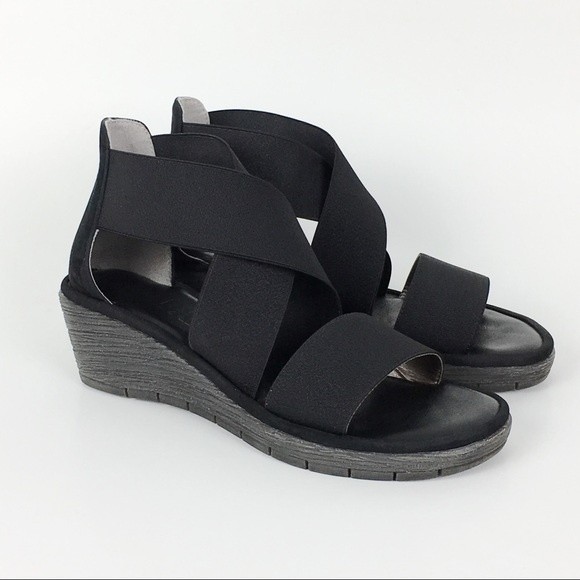 The Flexx Womens Size 6.5 Happy Daze Black Elastic Platform Wedge Sandals Shoes - Picture 2 of 9